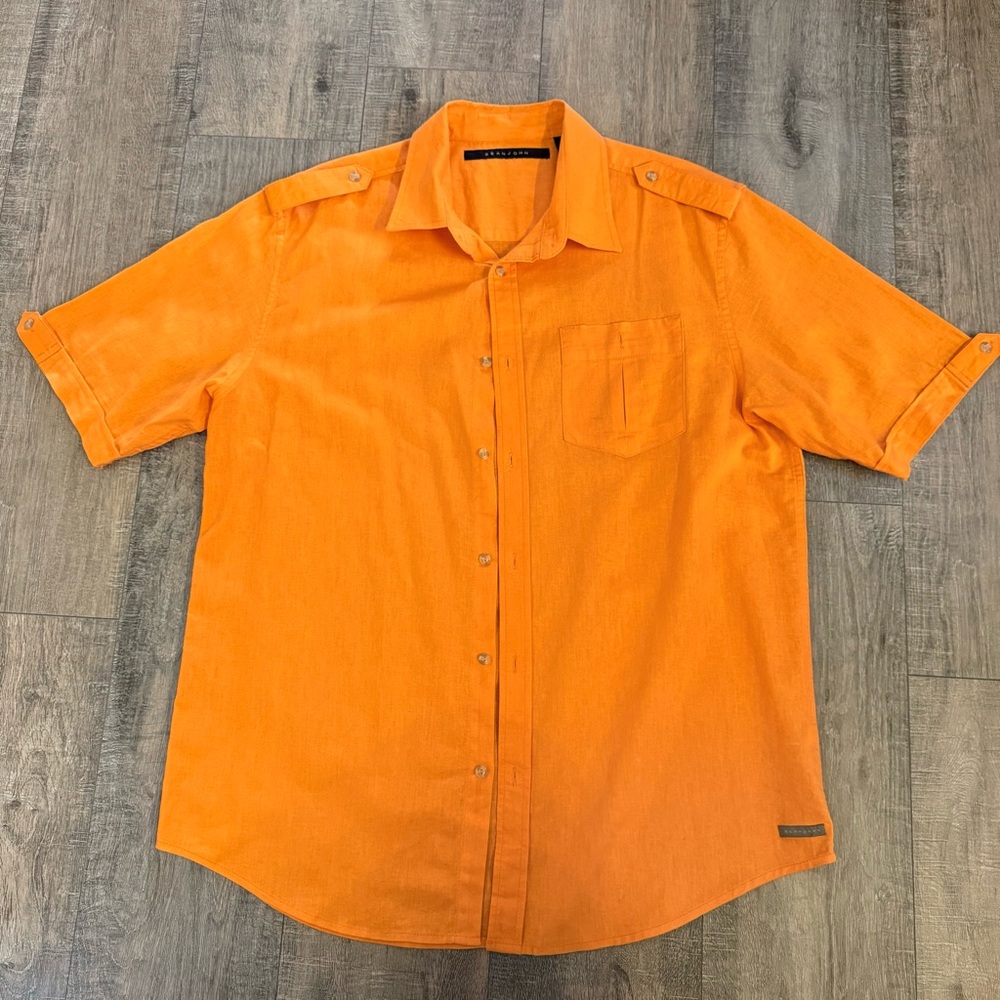 Sean John Vibrant Orange Casual Button Down Linen Blend Shirt Sz XL